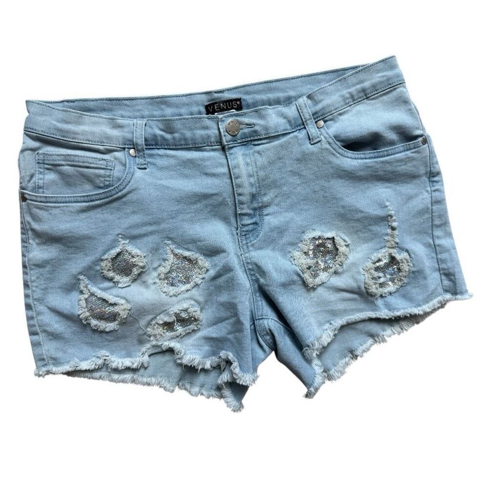 Womens Venus Silver Retro Y2K Retro Distressed Raw Hem Denim Jean Shorts - Sz 16